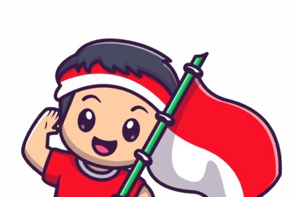 Cute Boy Holding Indonesian Flag Cartoon Vector Illustration