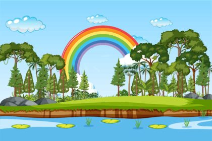 Hutan Awan dan Pelangi Desain Vector