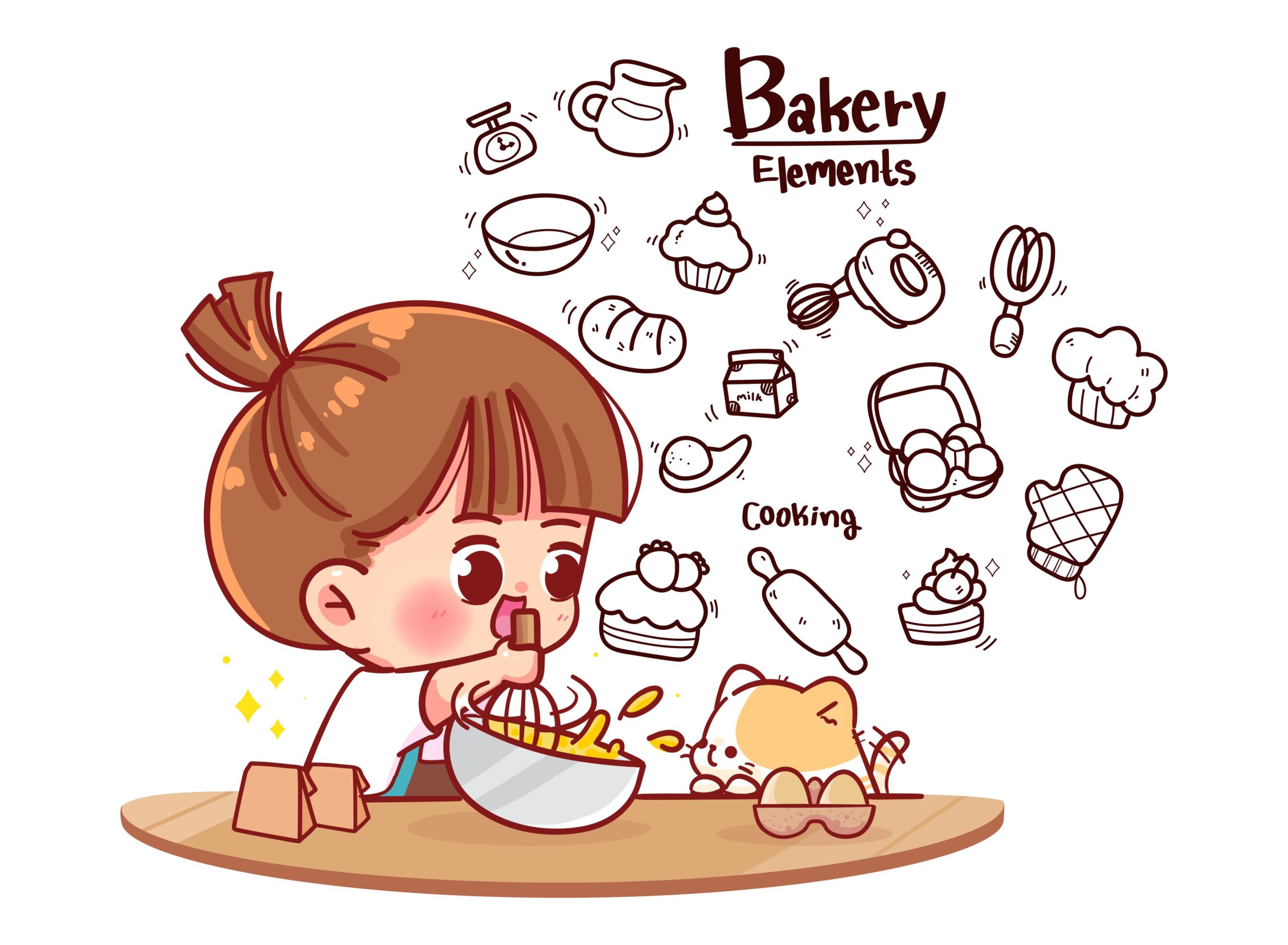 Cute Girl Cooking Kitchen Bakery Doodle Elements Cartoon Illustration