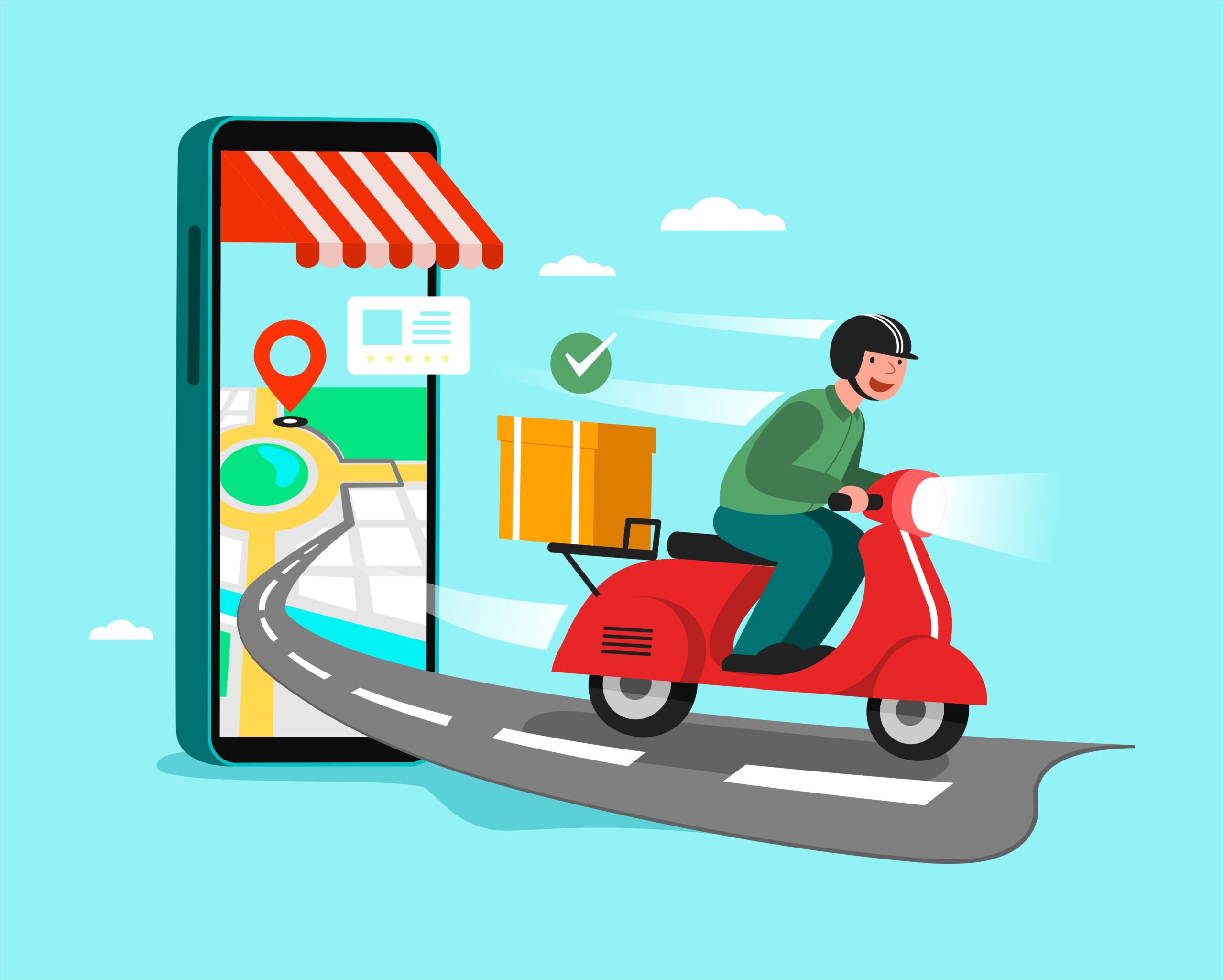 Delivery Staff Ride Motorcycles Shopping Concept Vector Design - Desain Grafis, Logo, Vector, Template, Background. Delivery Staff Ride Motorcycles Shopping Concept Vector Design