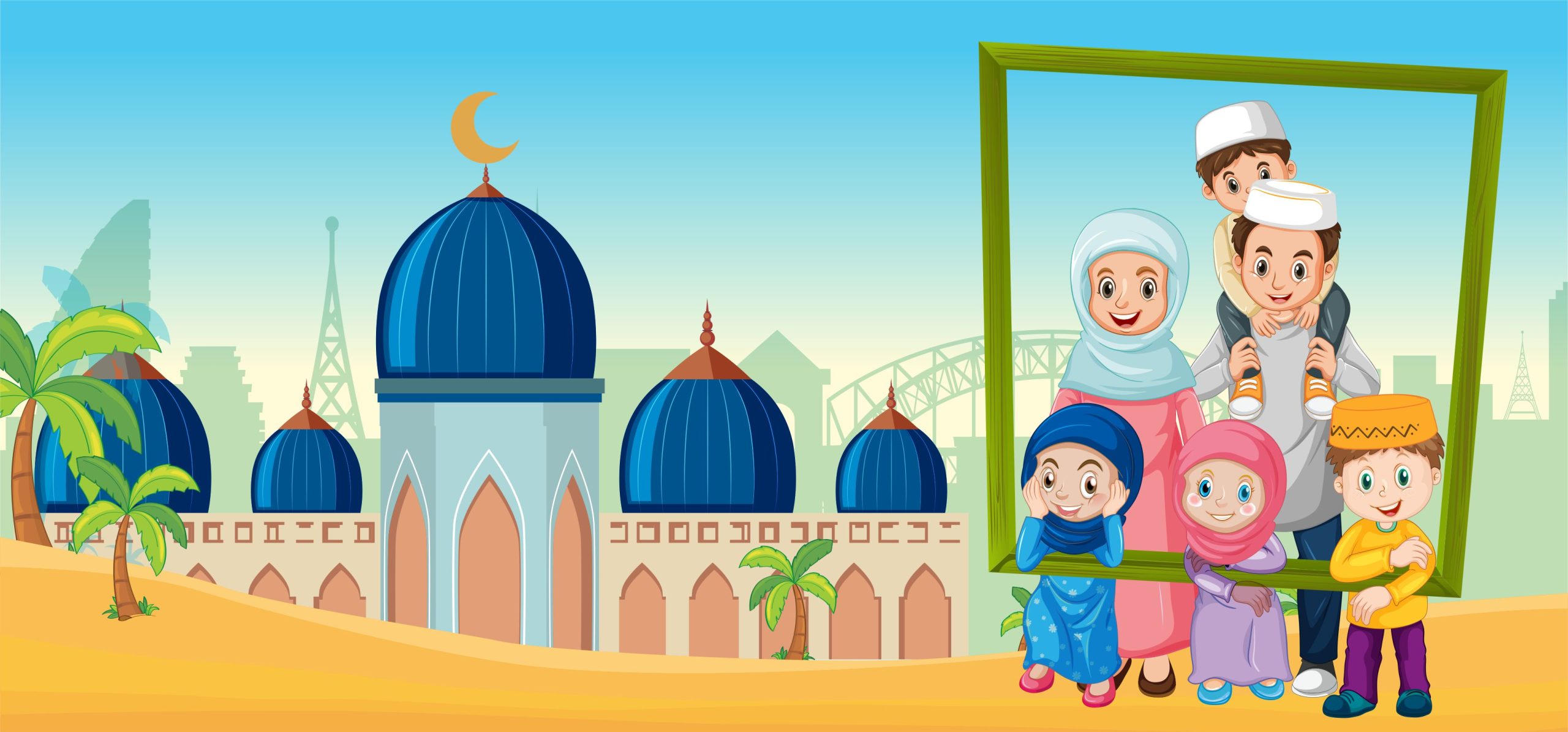 Happy Family Holding Photo Frame with Mosque Vector