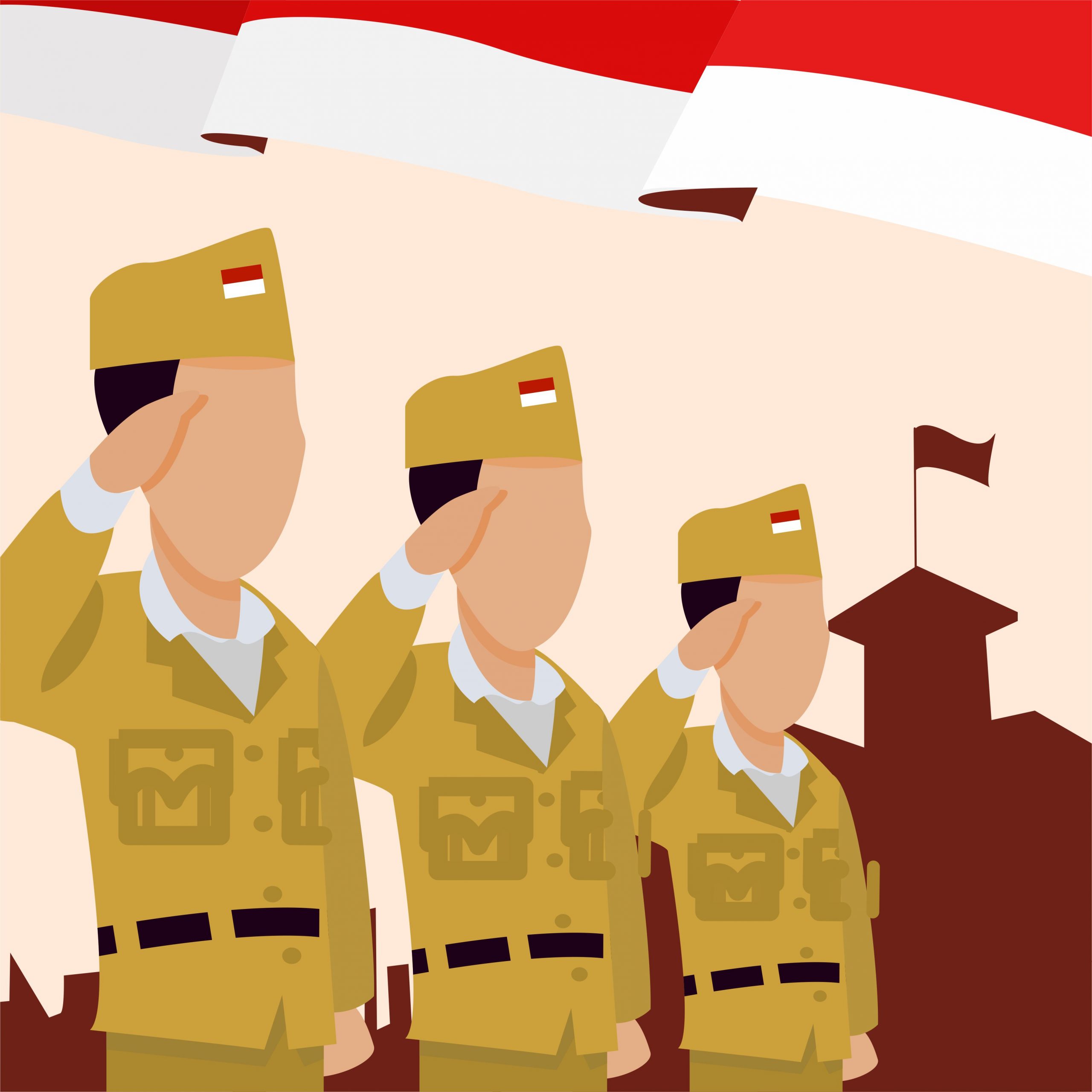 Three Soldier Saluting Indonesian Flag Suitable for Indonesian Heroes Day Vector - Desain Grafis, Logo, Vector, Template, Background. Three Soldier Saluting Indonesian Flag Suitable for Indonesian Heroes Day Vector